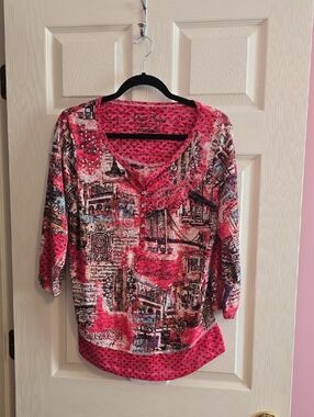 Onque Casuals Pink Multi-Print Henley Long Sleeve Top